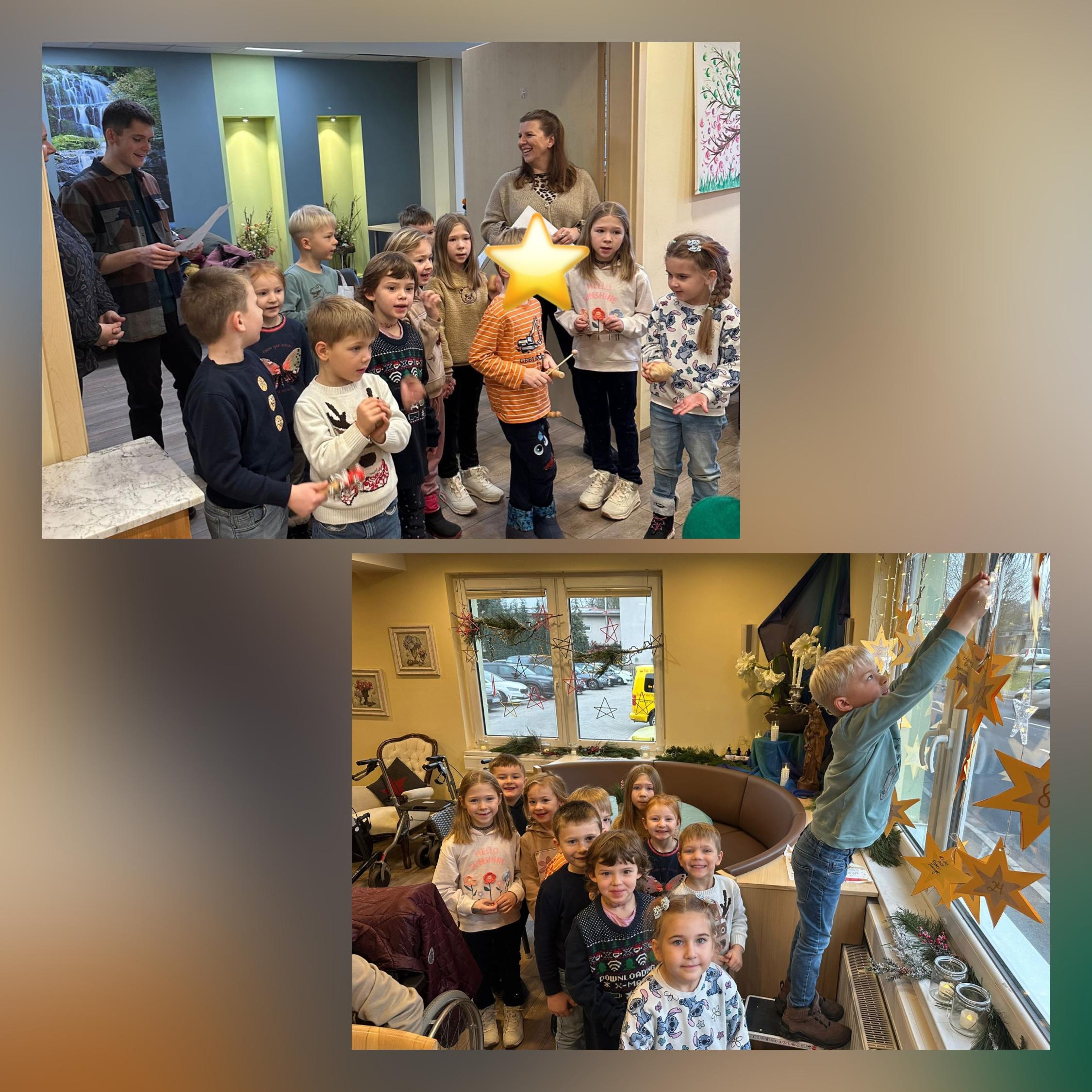 Kinder singen und stehen vor einem Fenster