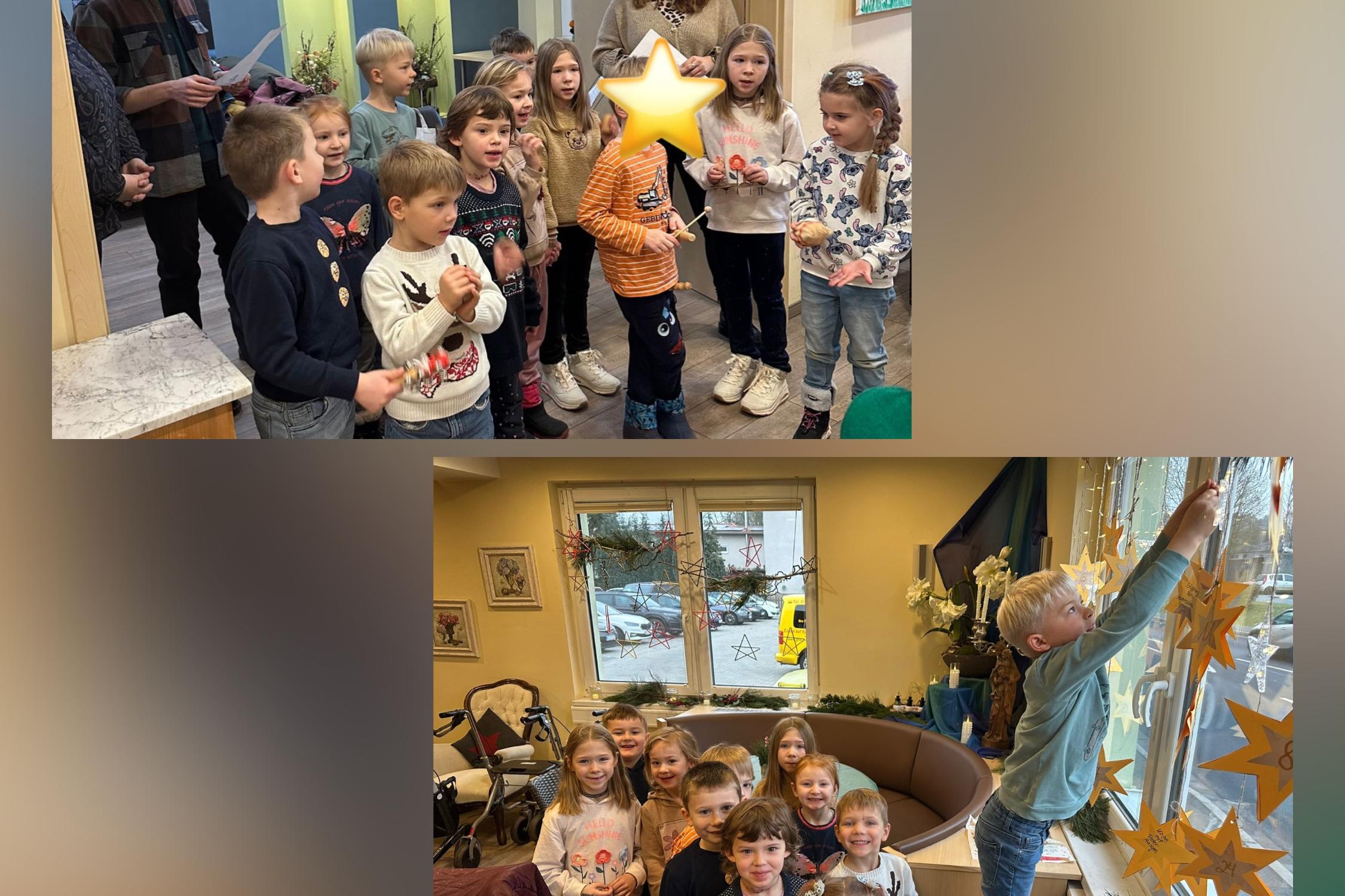 Kinder singen und stehen vor einem Fenster
