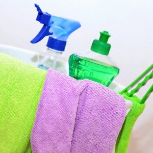 Ein Eimer mit Putzlappen und Putzmittel